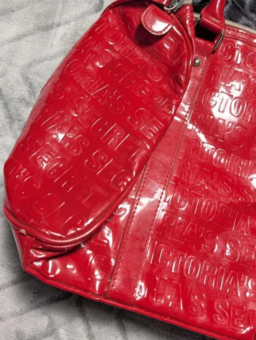 Victoria's Secret Red Patent Vinyl Embossed Logo Satchel Handbag